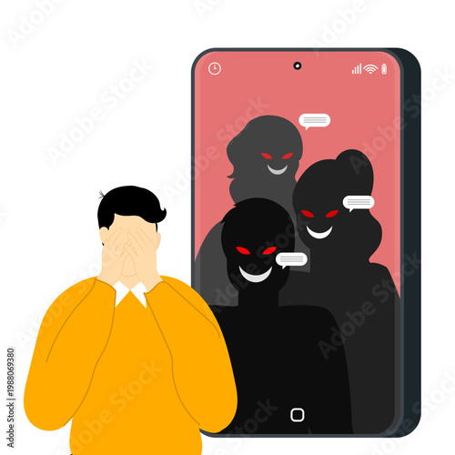 Man dealing with cyberbullying on smartphone suitable for social media. Mental health awareness concept. 