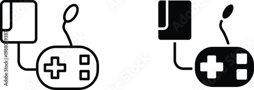 Retro video game console icons, vintage gaming controller and console set, minimalist black and white gaming hardware vector graphics