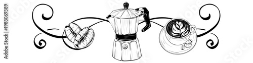 Coffee Themed Border Banner with Cup and Beans Vector, Minimal Line Art Frame, Black White Decorative Clipart