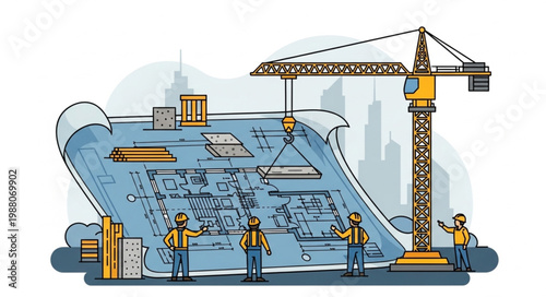 Construction project blueprint with crane and workers.