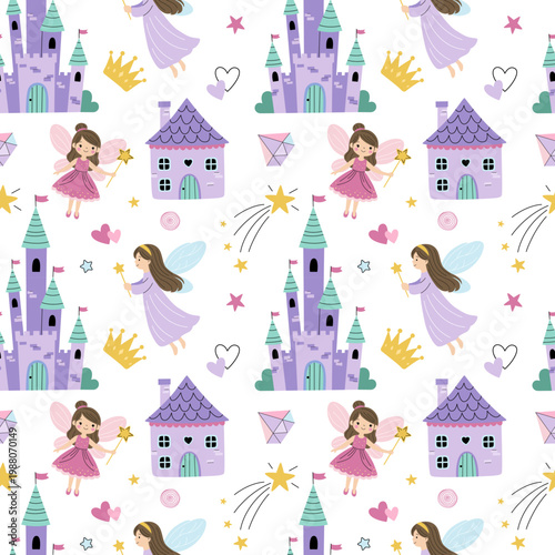 Cute seamless pattern with castle, fairies and magic elements in flat minimal style. Simple pastel kids background