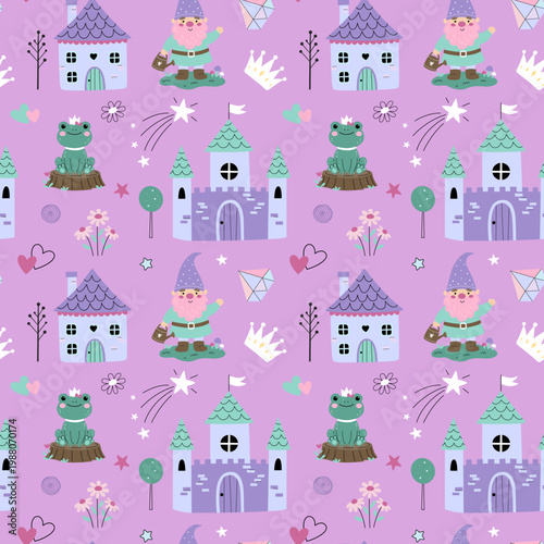 Cute seamless pattern with fairytale houses, frog in a crown, gnome and magic elements. Kids kingdom background