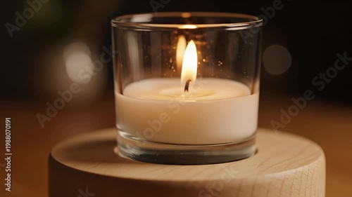 Lit white candle in glass holder on a wooden base