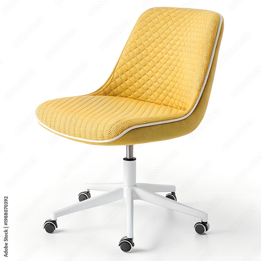 Fototapeta premium Modern Yellow Quilted Swivel Desk Chair Isolated on White