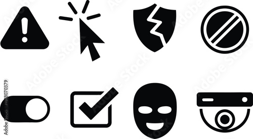 Security and warning icons set a collection of black glyphs representing risks and protection