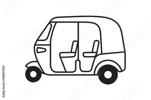 Minimalist Auto Rickshaw Tuk Tuk Icon Black and White Line Art Urban Transport Three Wheel Vehicle Illustration