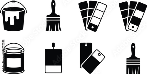 Black and white painting tools collection buckets brushes and color swatches