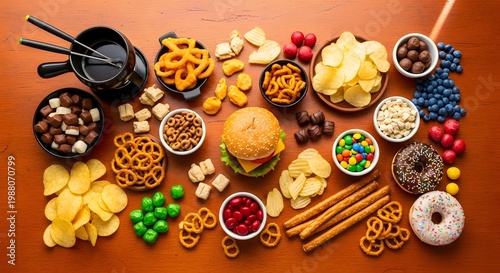 Abundant assortment of indulgent snacks and sweets arranged on a warm-toned wooden surface, featuring chocolate, chips, pretzels, berries, and a classic hamburger.