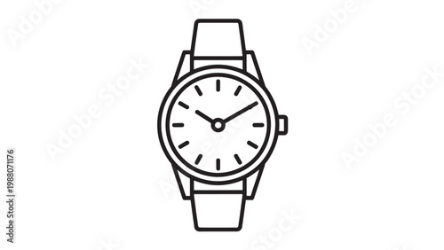 Wristwatch Icon – Black and White Minimalist Line Drawing of Circular Timekeeping Watch with Strap, Modern Hour Hand Illustration