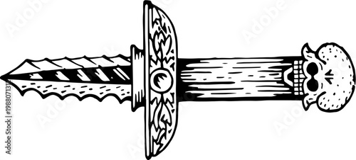 SVG spooky cryptid monsters in occult style tattoo design vector. Ornate Dagger with Skull Design and Intricate Handle Artwork