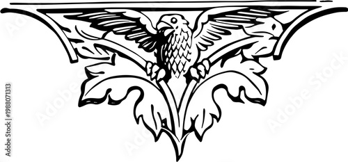 SVG spooky cryptid monsters in occult style tattoo design vector. Ornate Eagle Design with Intricate Leaf Motif in Black Outline