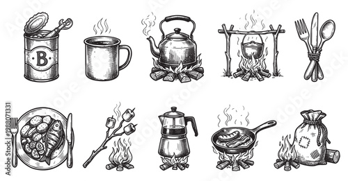 Collection of vintage engraving style illustrations depicting various camping cooking scenes including an open can, hot drink, campfire kettle, food on plate, marshmallows, coffee pot, frying pan.
