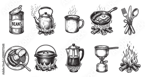 This vintage-style illustration set depicts various camp cooking elements including a can of beans, a campfire kettle, a steaming mug, a frying pan with breakfast, cutlery, a dutch oven, a percolator.