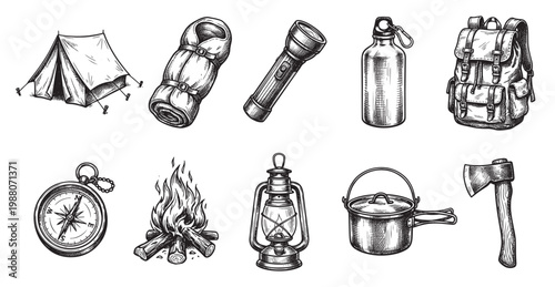 This hand-drawn ink sketch features a collection of classic camping equipment including a tent, sleeping bag, flashlight, water bottle, backpack, compass, campfire, lantern, pot.