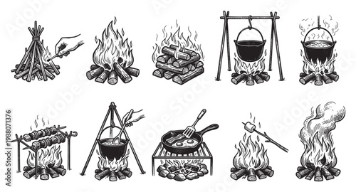 A collection of black and white illustrations depicting various campfire cooking scenes, including lighting fires, boiling in a pot, frying eggs, and roasting marshmallows, with a vintage woodcut.