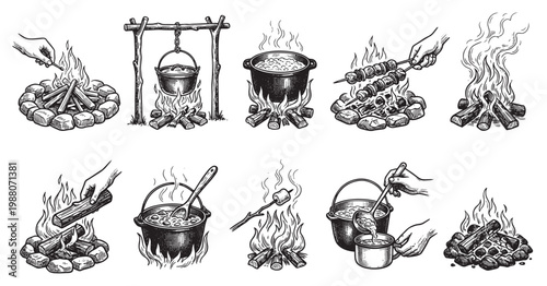 Collection of hand-drawn vintage illustrations depicting various campfire cooking activities, including boiling in pots, roasting marshmallows, and grilling kebabs, perfect for outdoor adventure.