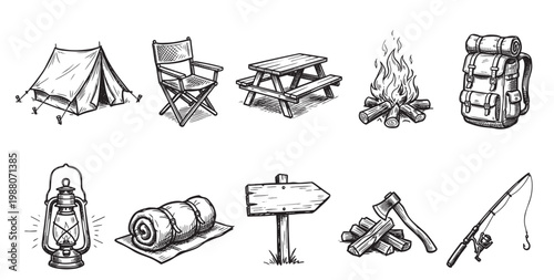 A collection of hand-drawn sketch elements for camping and outdoor adventure, including a tent, chair, picnic table, campfire, backpack, lantern, sleeping bag, signpost, firewood, axe, and fishing rod
