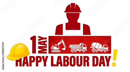 1st May International Workers Day creative banner design with yellow safety helmet and heavy machinery on transparent Background. Happy Labour Day greeting card with construction worker silhouette.
