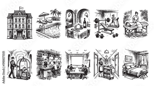 A collection of black and white sketch-style illustrations depicting various hotel services and amenities, including a building, pool, dining, gym, spa, and guest room.