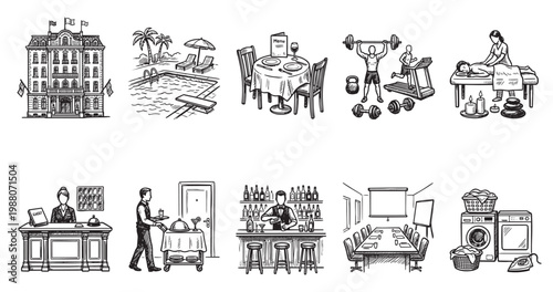 A collection of hand-drawn illustrations depicting various hotel services, including a building, pool, dining, gym, spa, reception, room service, bar, conference room, and laundry.