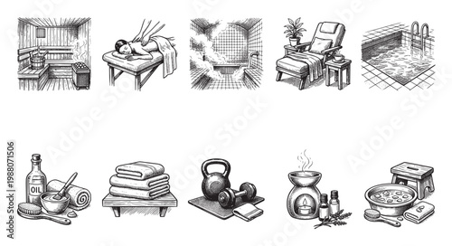 This collection features hand-drawn black and white illustrations of various spa and wellness activities, including a sauna, massage, bathtub, relaxation chair, swimming pool, and spa products.