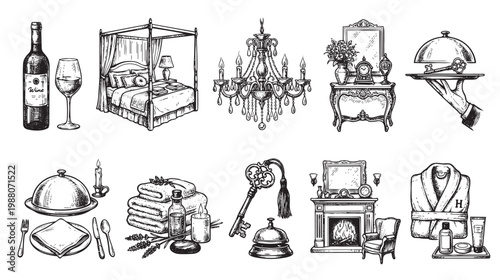 This sketch collection depicts various elements of hotel service and luxury, including a wine bottle, bed, chandelier, and toiletries in a vintage style.