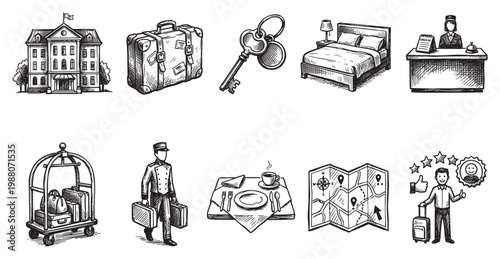 A collection of hand-drawn sketch illustrations representing various hotel services, including a building, luggage, keys, bed, reception, bellhop, dining table, map, and happy customer.