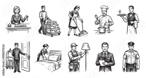 This collection of hand-drawn illustrations features various hotel staff members in action, representing key service roles and occupations within the hospitality industry.