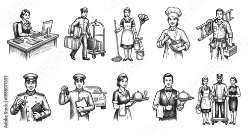 A collection of charming vintage-style illustrations depicts various hotel staff roles, including a receptionist, bellhop, housekeeper, chef, handyman, valet, waiter, and a team with luggage cart.