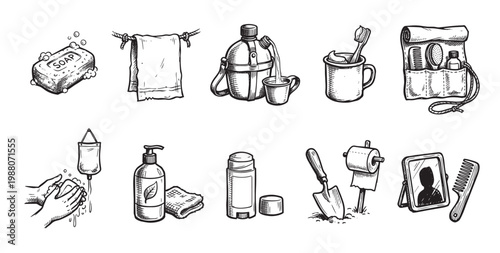 This collection of hand-drawn illustrations features essential personal hygiene and travel items, depicted in a simple, clean sketch style, perfect for blogs, articles, or printables.