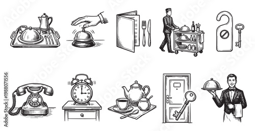 A collection of retro black and white hand-drawn illustrations depicting various hotel services and amenities, including room service, reception, and communication.