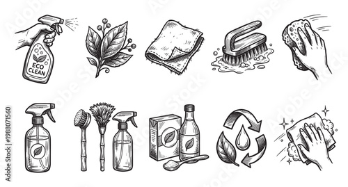 Hand drawn sketch illustrations of various eco friendly cleaning products and symbols, perfect for highlighting green living and household care.