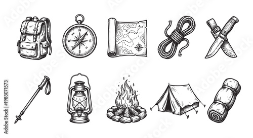 A vintage sketch style collection of essential camping gear including a backpack, compass, map, rope, knife, trekking pole, lantern, campfire, tent, and sleeping bag on a white background.