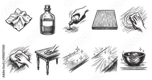 This vintage ink illustration showcases the step-by-step process of cleaning and polishing wood furniture, from applying polish to achieving a sparkling finish.