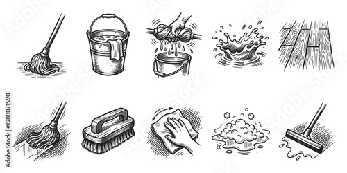 A collection of hand-drawn ink sketches depicts various cleaning tools and actions, perfect for illustrating household chores, hygiene, and DIY projects with a vintage aesthetic.