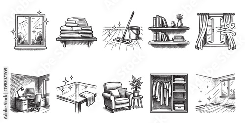 A collection of black and white hand-drawn illustrations depicting various aspects of home cleaning and organization, including sparkling windows, neatly folded towels, mopped floors, bookshelves.