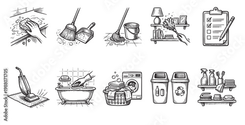 A collection of hand-drawn illustrations depicts various household cleaning tools and tasks, including scrubbing, sweeping, mopping, dusting, and laundry, in a simple, clean graphic style perfect.