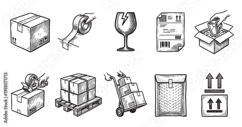 Hand-drawn illustrations depict various shipping and packaging elements, including boxes, tape, fragile symbols, and handling instructions, perfect for logistics and delivery themes.