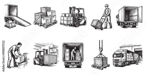This black and white illustration montage depicts various warehouse and logistics activities including loading, unloading, forklift operation, and truck transport for efficient cargo handling.