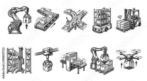 A set of hand-drawn illustrations depicting various elements of warehouse automation, including robots, conveyor belts, forklifts, drones, and shelving, in a black and white sketch style.