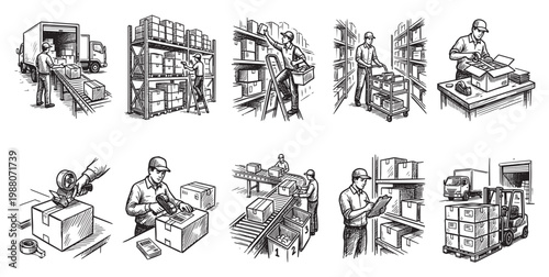 A collection of line art illustrations depicting warehouse operations including loading trucks, stocking shelves, packing, and using a forklift.