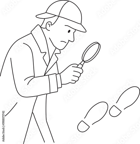 Detective character line art vector, private investigator with magnifying glass following footprints, minimalist crime scene investigation illustration
