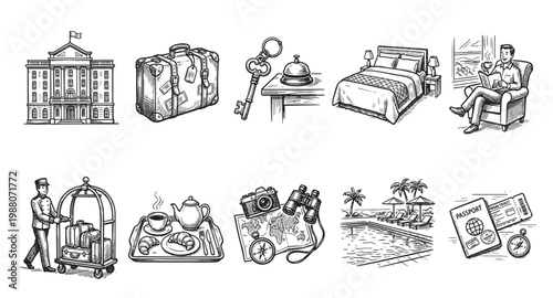 A set of black and white hand-drawn sketch illustrations depicting various hotel and travel-related elements for a vintage feel.