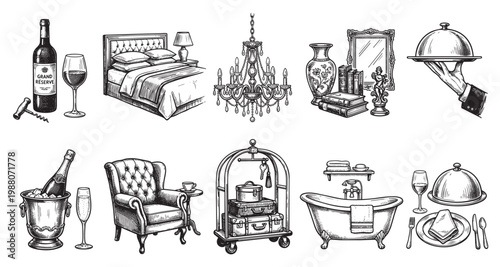 A collection of vintage-style illustrations depicting hotel amenities, dining service, and room comforts in a classic hand-drawn sketch style.