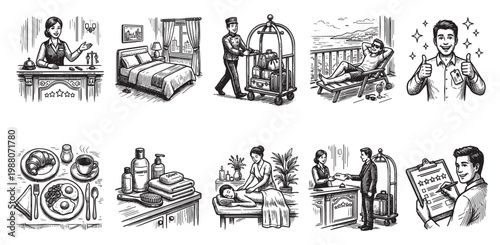 A collection of hand-drawn line art illustrations depicting various hotel services, including reception, room service, bellhop, guest relaxation, and spa treatments.