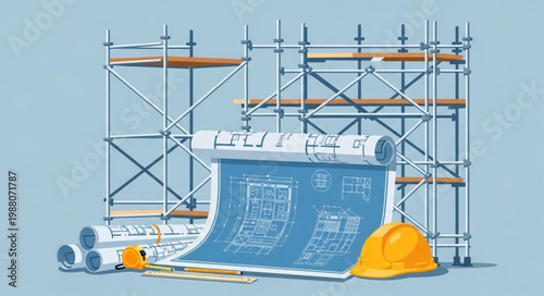 Construction site blueprint and safety helmet with scaffolding.