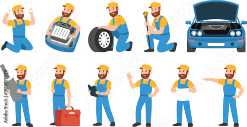 Professional car mechanic character set featuring technician repairing engine changing tires holding toolbox and exhaust for automotive service concepts