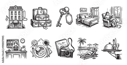 A collection of charming black and white hand-drawn icons representing hotel services, travel, and hospitality, perfect for websites or brochures.