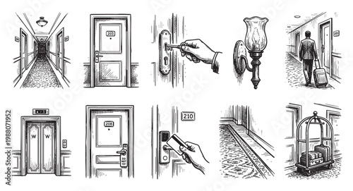 A black and white line art collage depicts various hotel corridor elements including doors, keys, a bellhop cart, and a man with luggage, evoking a retro travel theme.