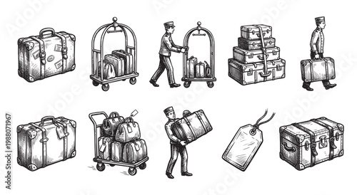 A collection of vintage hand-drawn illustrations depicting hotel bellhops, luggage carts, and various types of travel suitcases and bags on a white background.
